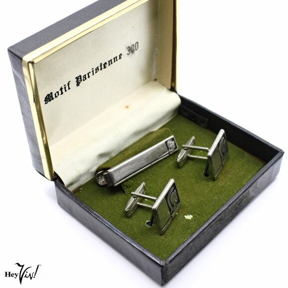 Vintage Motif Parisienne 300 Silver Tone Cuff Links and Tie Bar Set Original Box - Picture 3 of 10